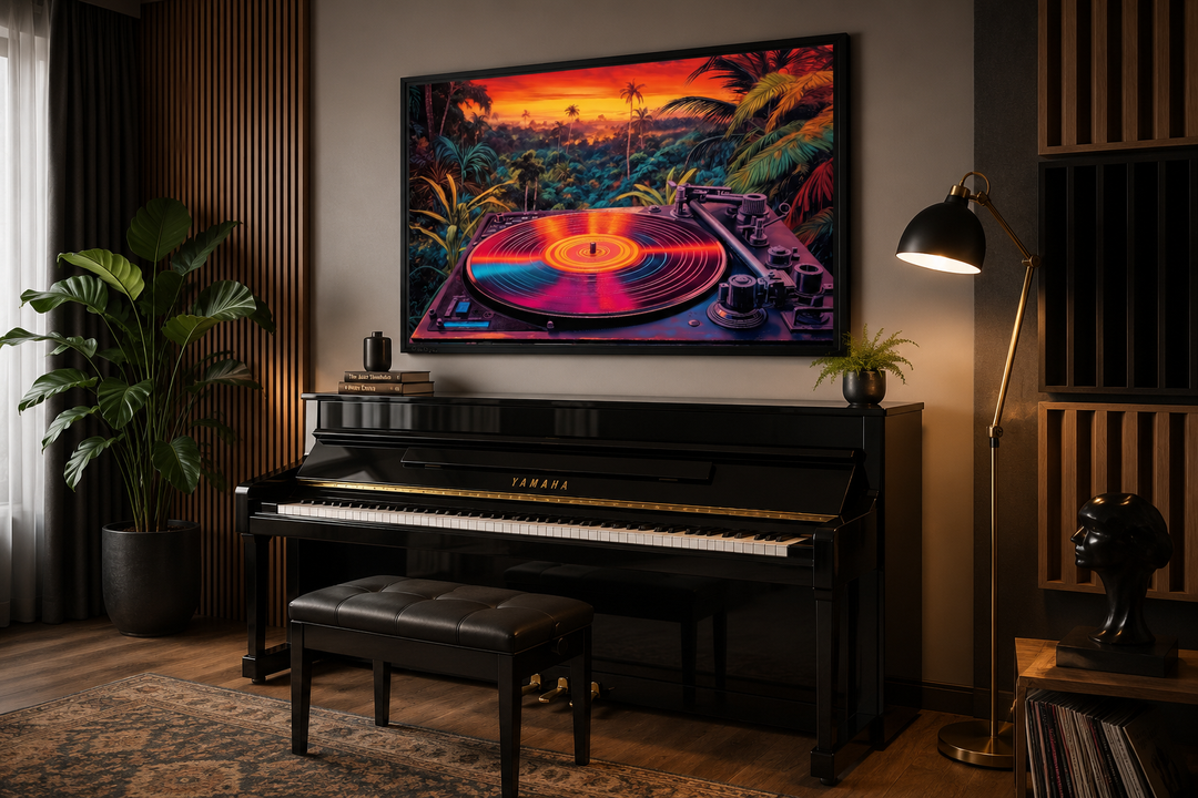 Framed canvas wall art of a colorful synthwave vinyl record player above a black piano.