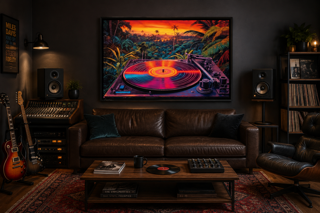 Framed canvas wall art of a colorful vinyl record player in a tropical synthwave sunset landscape.