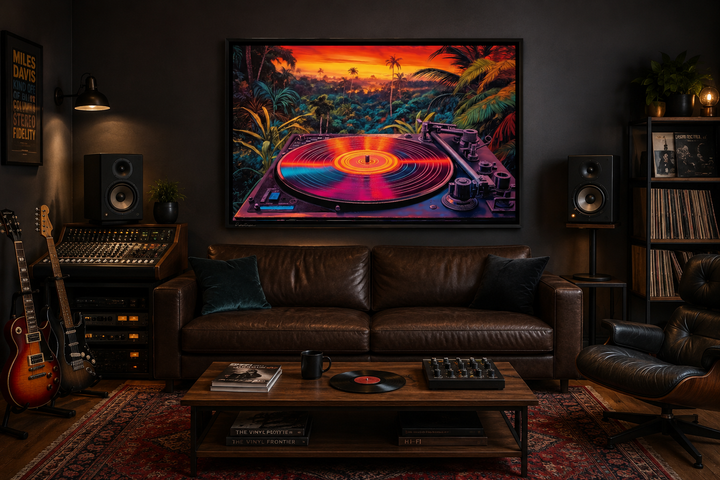 Framed canvas wall art of a colorful vinyl record player in a tropical synthwave sunset landscape.
