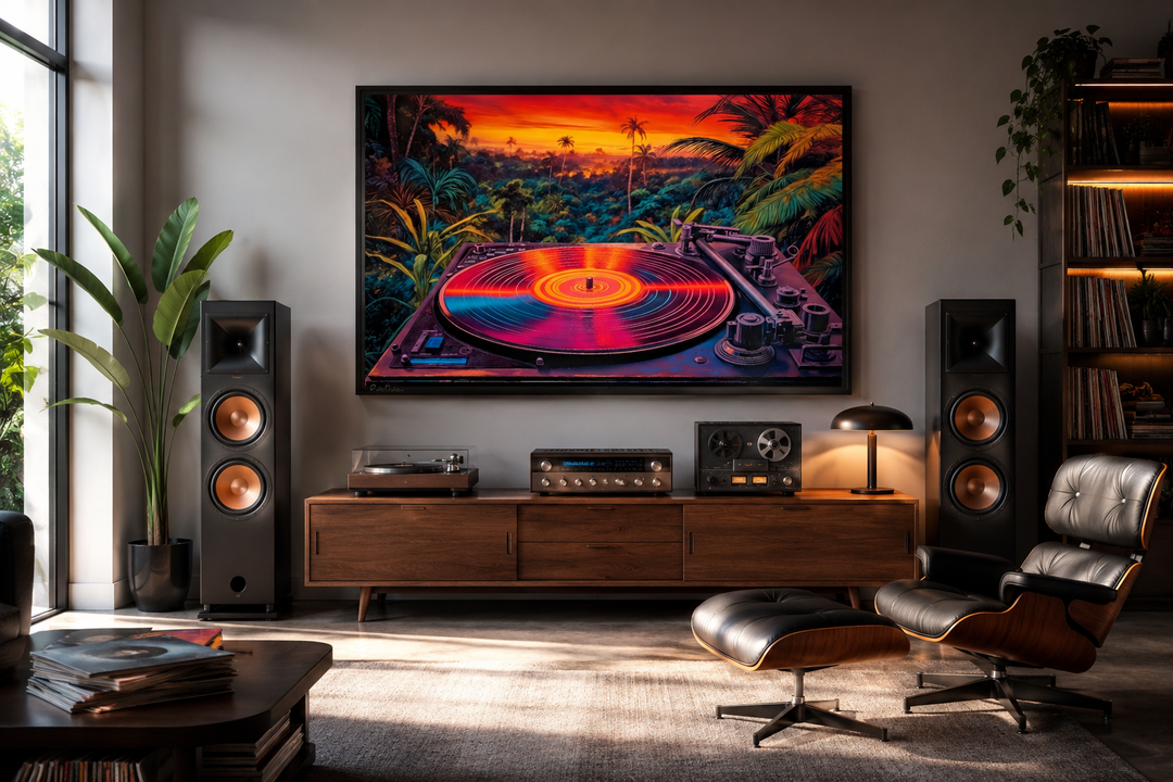 Framed canvas wall art of a colorful vinyl record player against a tropical synthwave sunset.