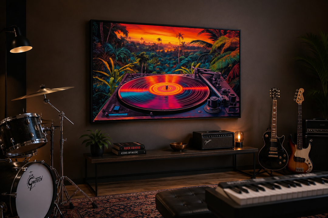 Framed canvas wall art of a colorful vinyl record player against a tropical synthwave sunset.