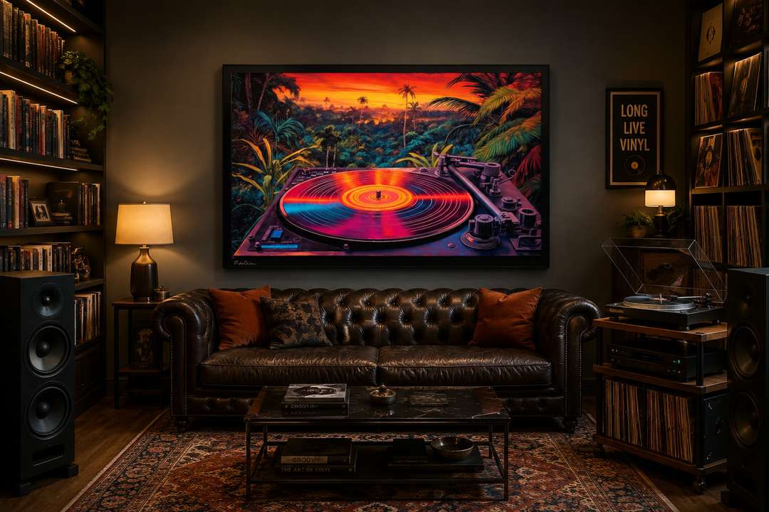 Retro vinyl record player synthwave music framed canvas wall art above a leather sofa in a room.