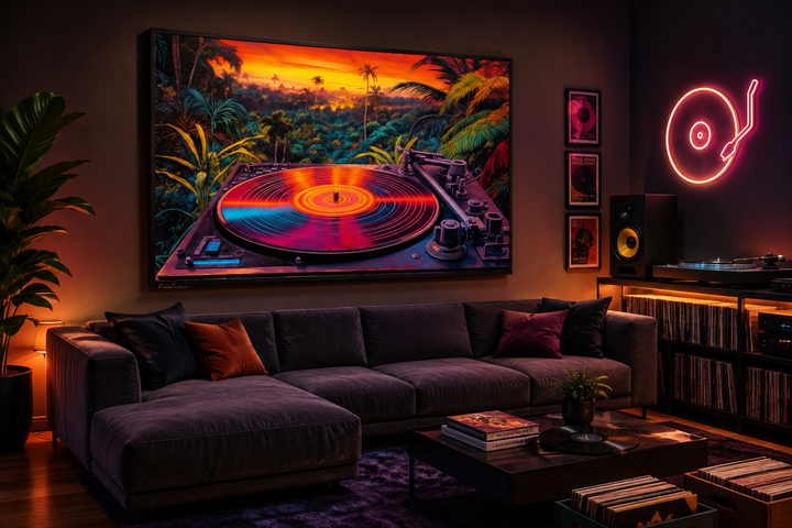 Framed canvas wall art of a colorful vinyl record player against a tropical synthwave sunset.