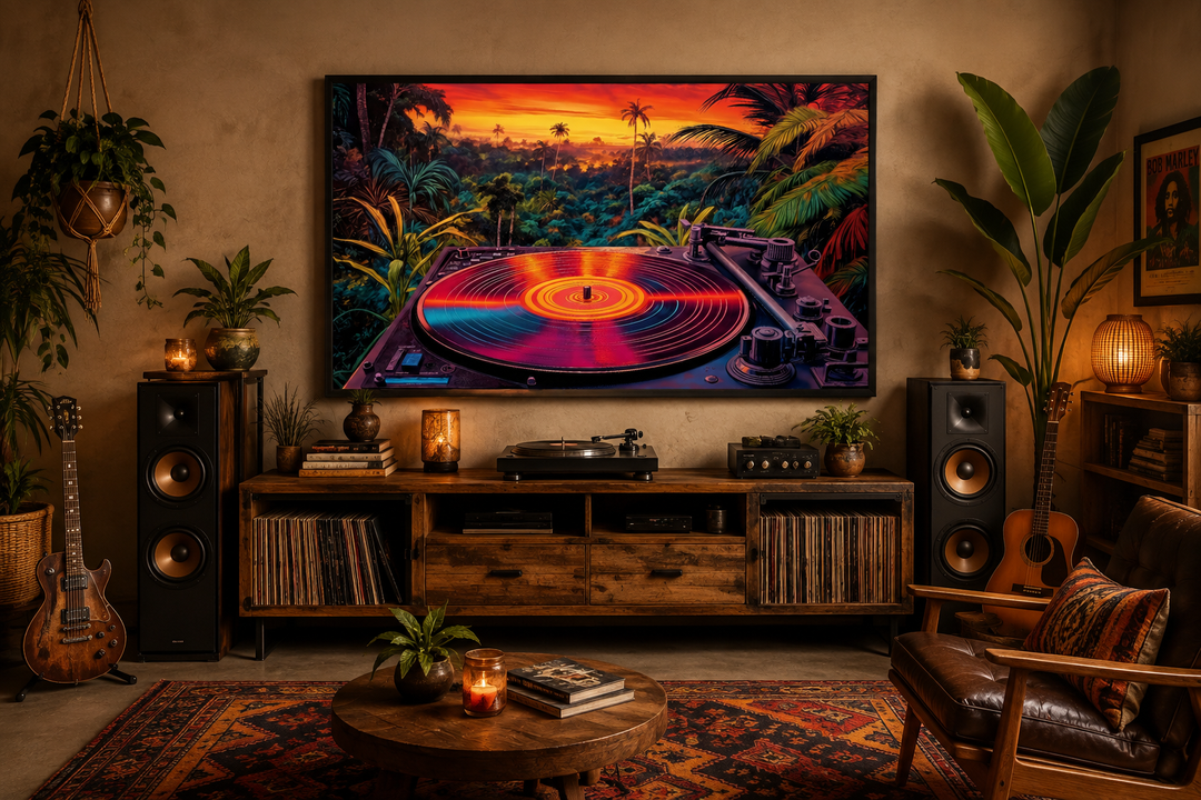 Framed canvas wall art of a colorful vinyl record player against a tropical synthwave sunset.