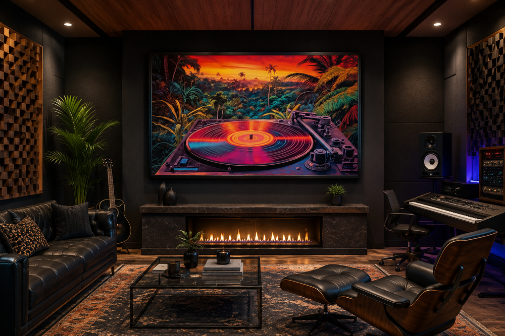 Framed canvas wall art of a colorful vinyl record player in a tropical synthwave landscape.