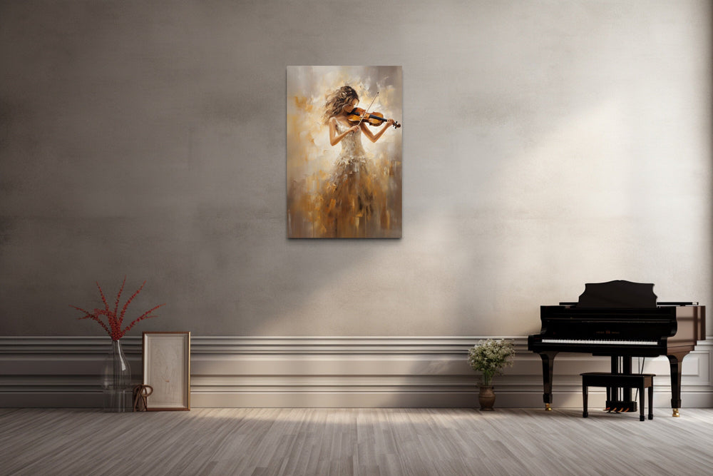 Violin Player In Gold Dress Framed Canvas Wall Art in music room