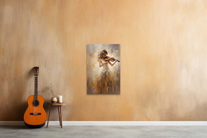 Violin Player In Gold Dress Framed Canvas Wall Art