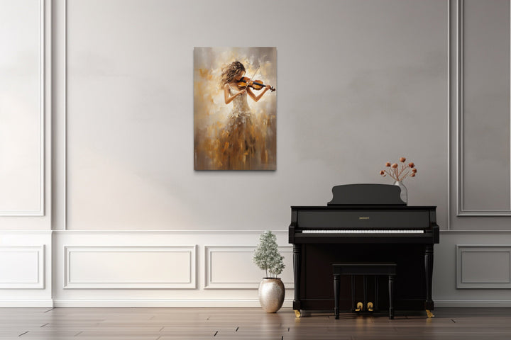 Violin Player In Gold Dress Framed Canvas Wall Art