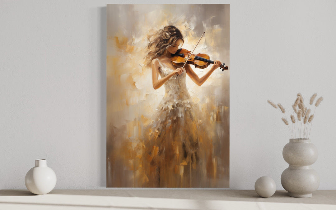 Violin Player In Gold Dress Framed Canvas Wall Art