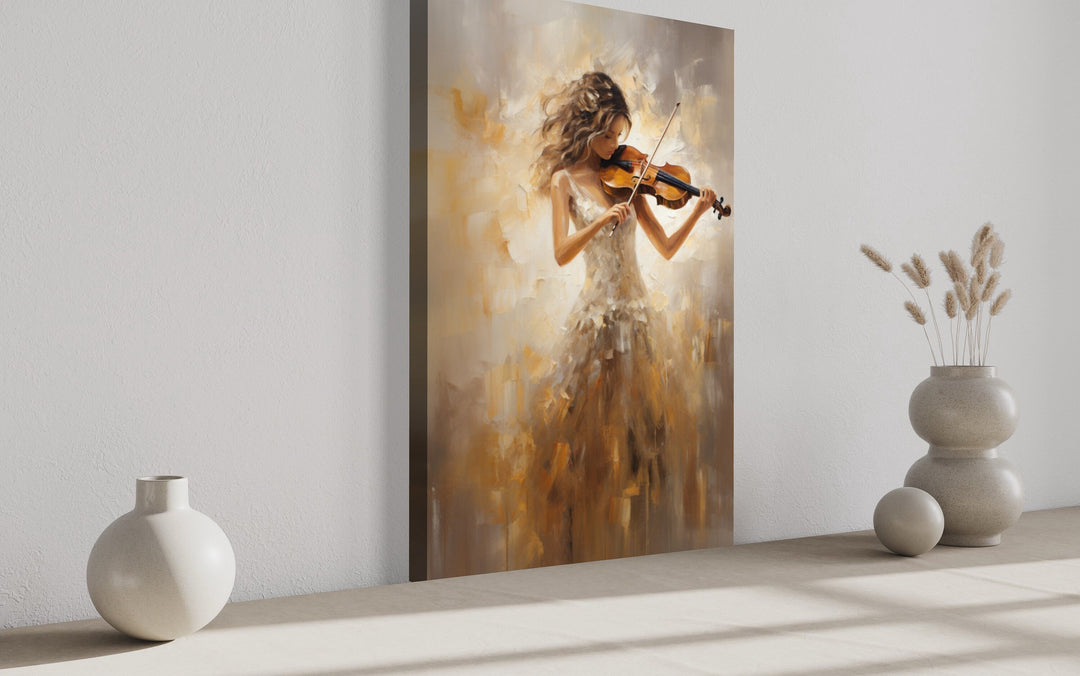 Violin Player In Gold Dress Framed Canvas Wall Art