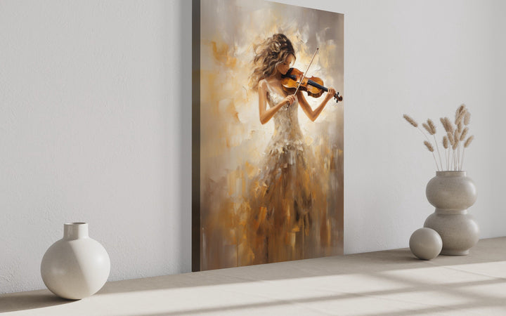 Violin Player In Gold Dress Framed Canvas Wall Art