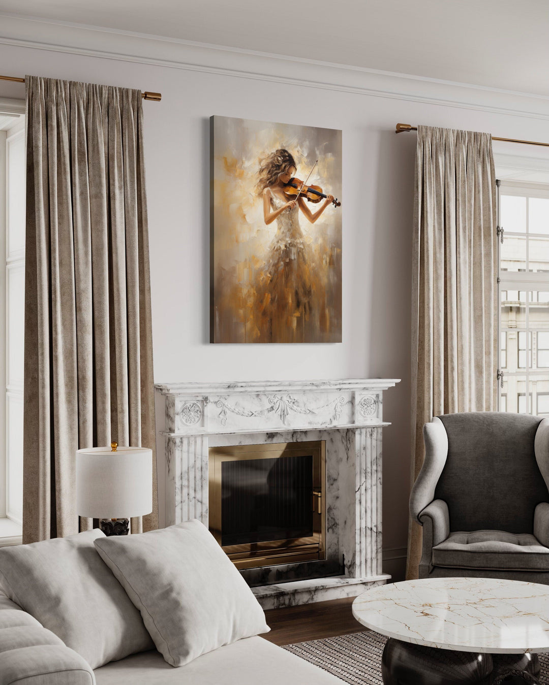 Violin Player In Gold Dress Framed Canvas Wall Art