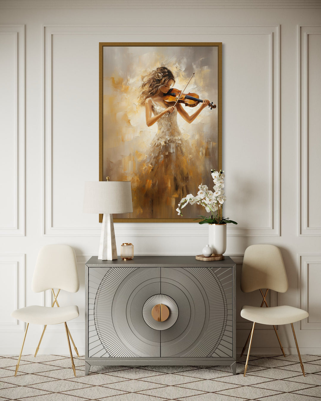 Framed canvas wall art of a violinist in a gold dress above a grey sideboard with two white chairs.