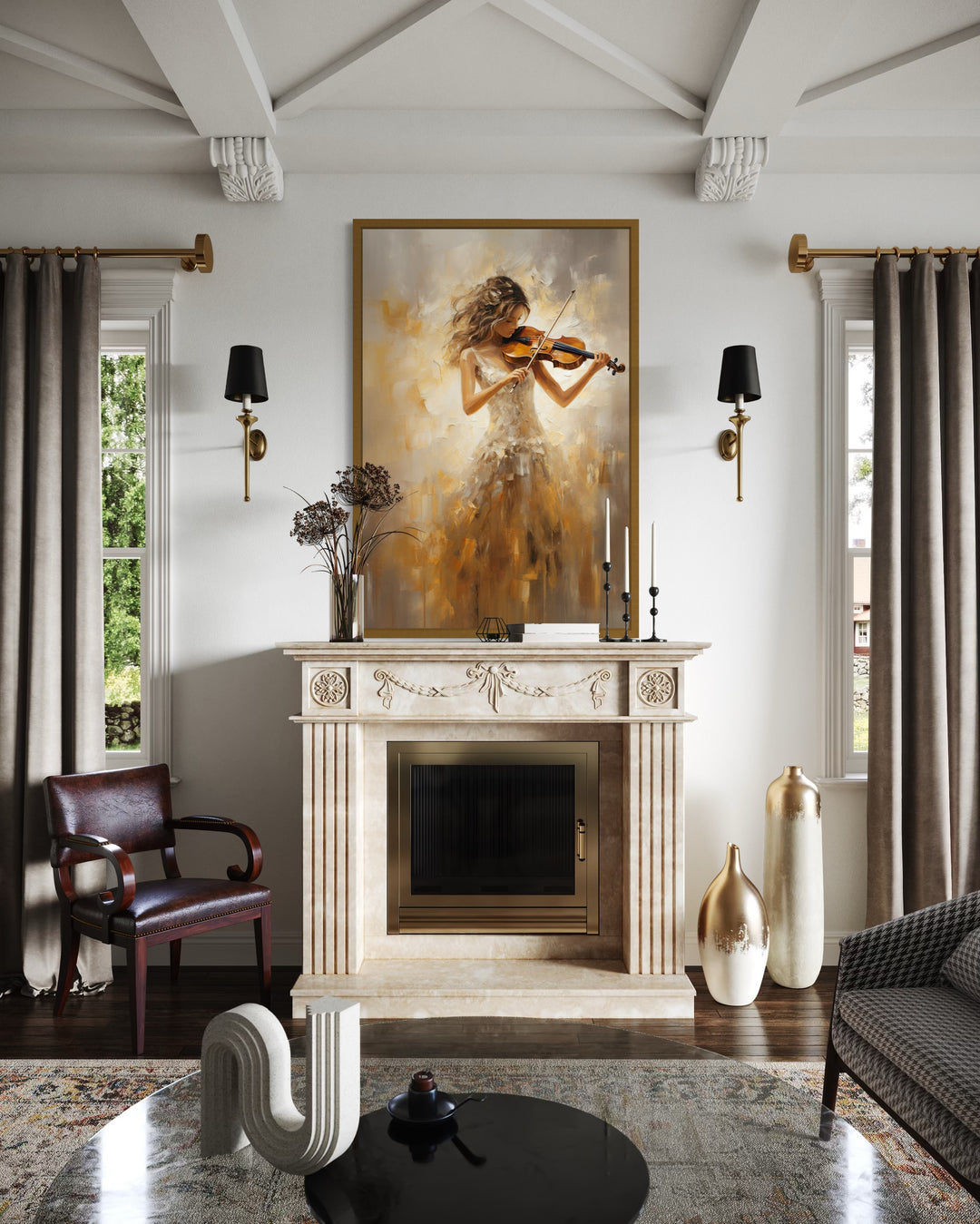 Framed canvas wall art of a violinist in a gold dress hanging above a fireplace in a living room.