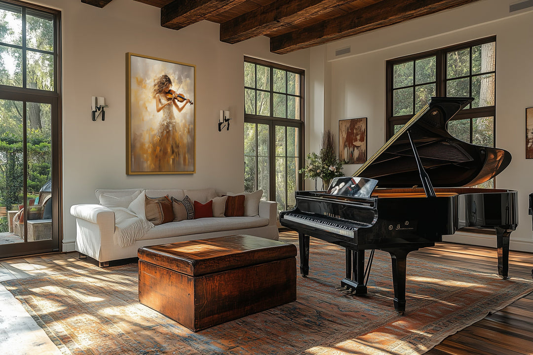 Violin player in gold dress framed canvas wall art hanging in a music room above a white sofa.