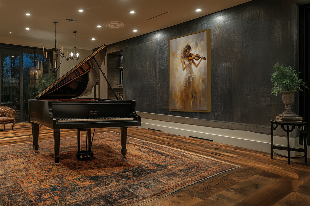 Framed canvas wall art of a violinist in a gold dress hanging in a music room with a grand piano.