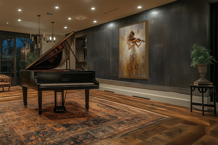 Framed canvas wall art of a violinist in a gold dress hanging in a music room with a grand piano.