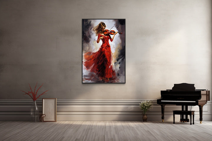 Violin Player In Red Dress Framed Canvas Wall Art