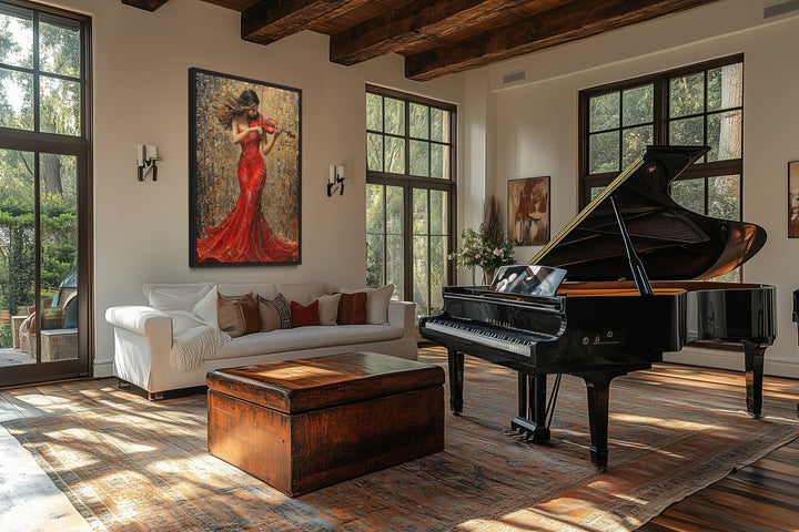 Violin Player In Red Dress Framed Canvas Wall Art