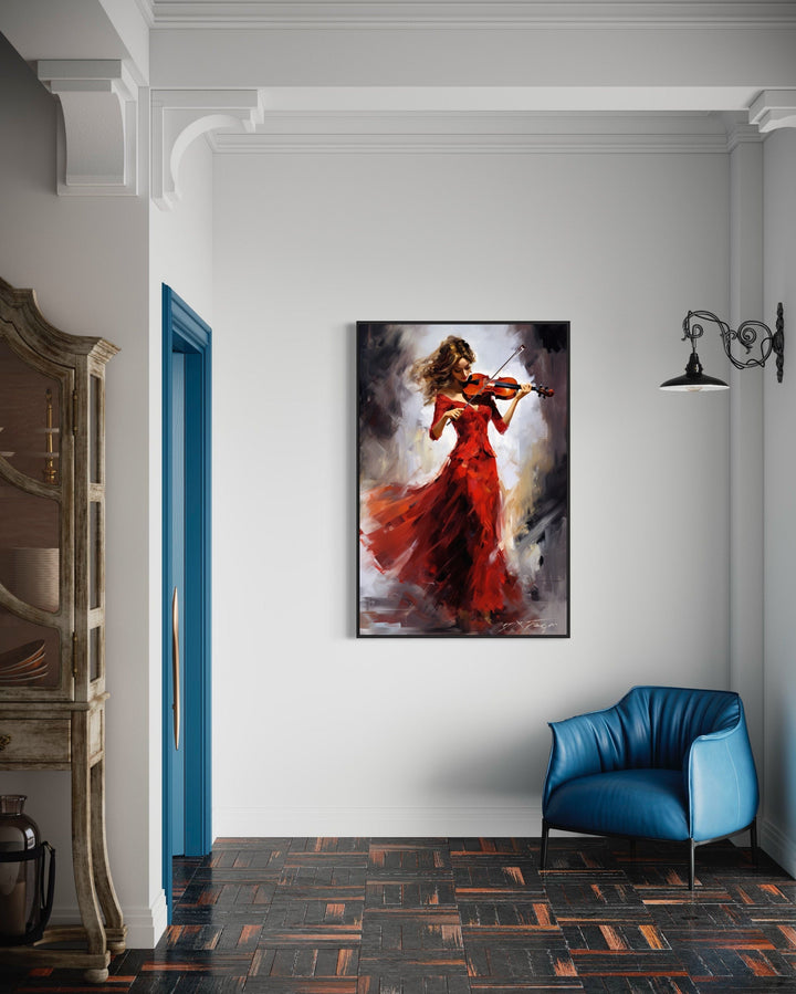 Violin Player In Red Dress Framed Canvas Wall Art