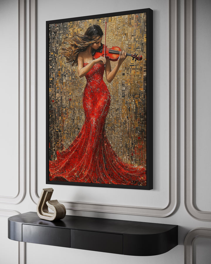 Violin Player In Red Dress Framed Canvas Wall Art