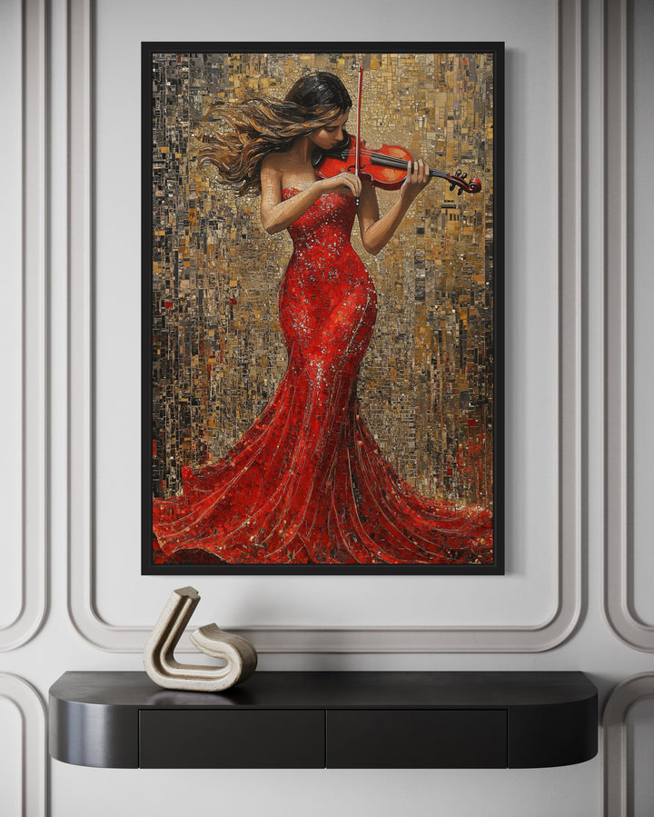 Violin Player In Red Dress Framed Canvas Wall Art