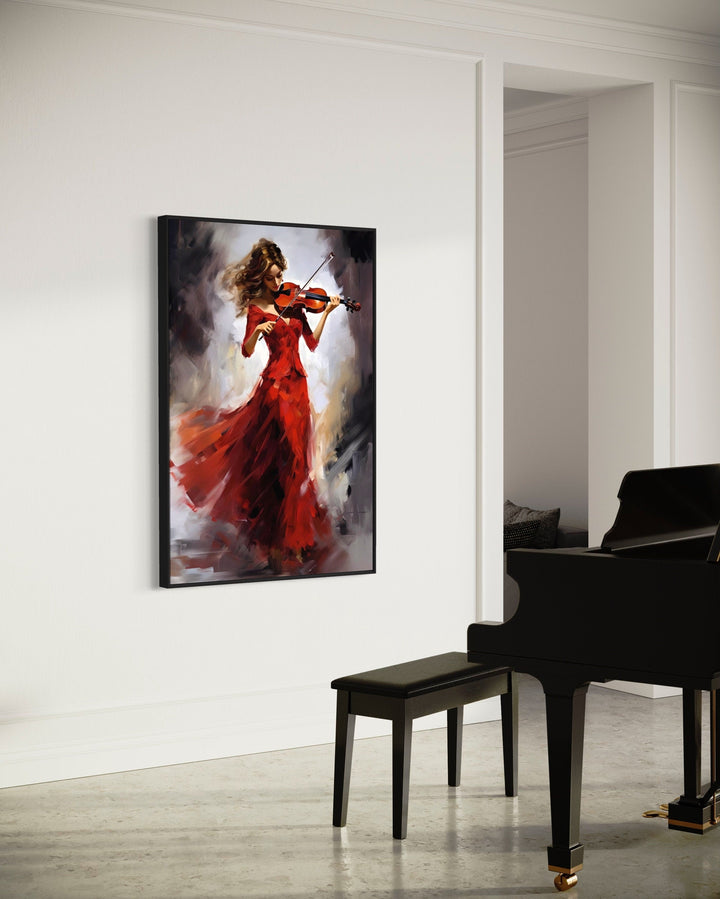 Violin Player In Red Dress Framed Canvas Wall Art