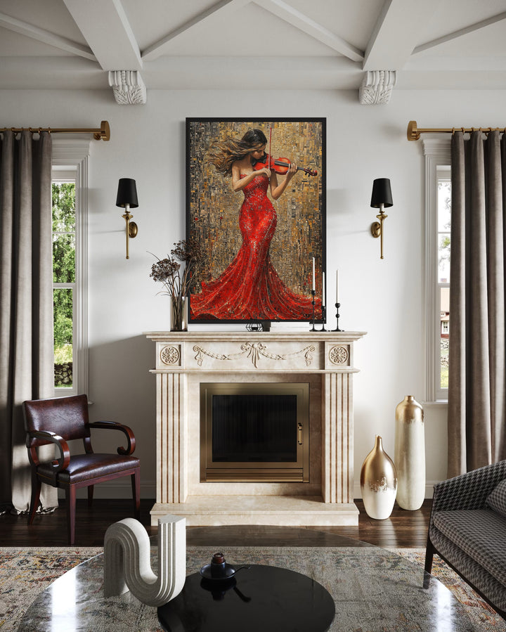 Violin Player In Red Dress Framed Canvas Wall Art