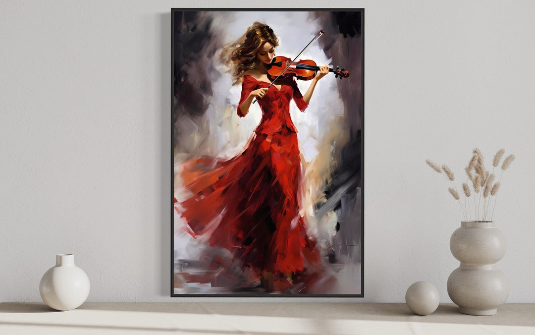 Violin Player In Red Dress Framed Canvas Wall Art