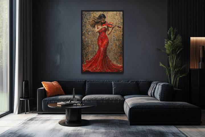 Violin Player In Red Dress Framed Canvas Wall Art