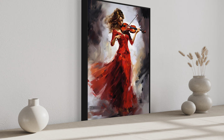 Violin Player In Red Dress Framed Canvas Wall Art