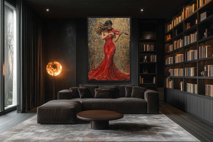 Violin Player In Red Dress Framed Canvas Wall Art