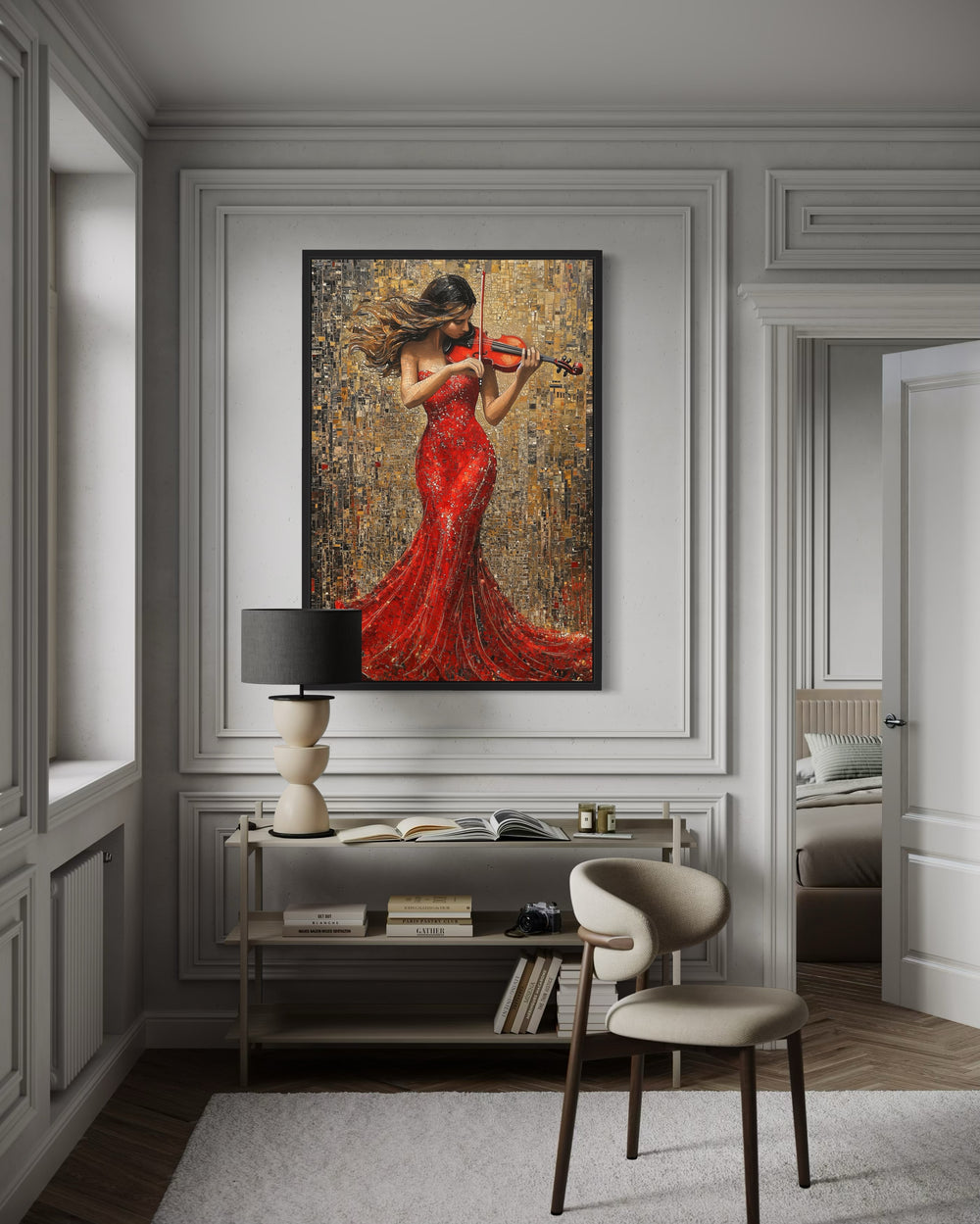 Framed canvas wall art of a woman in a red dress playing a violin against a gold textured background.