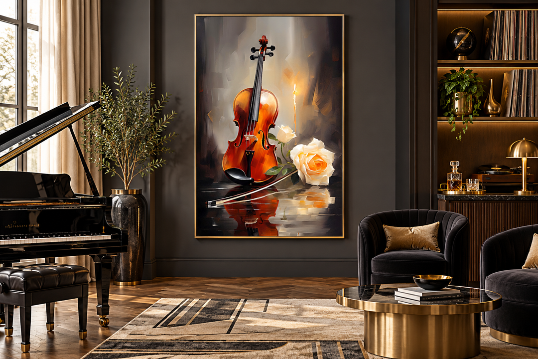 Toile encadrée représentant un violon aux chandelles