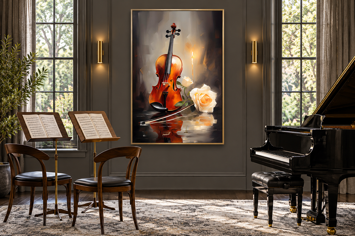 Toile encadrée représentant un violon aux chandelles