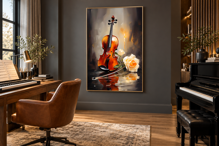 Toile encadrée représentant un violon aux chandelles