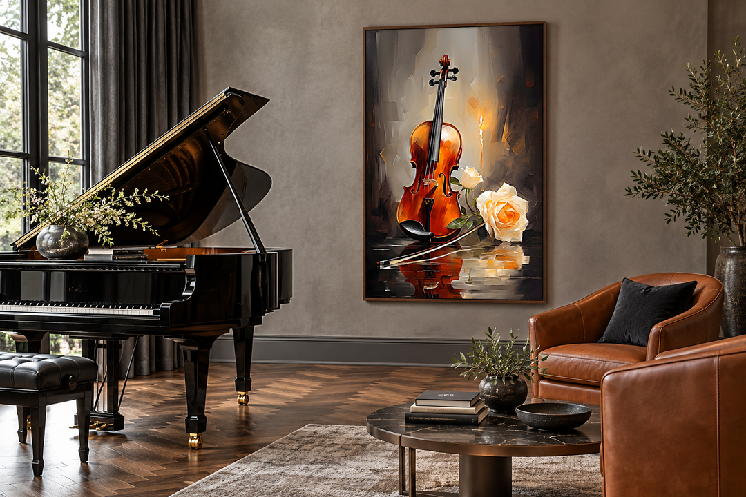 Toile encadrée représentant un violon aux chandelles