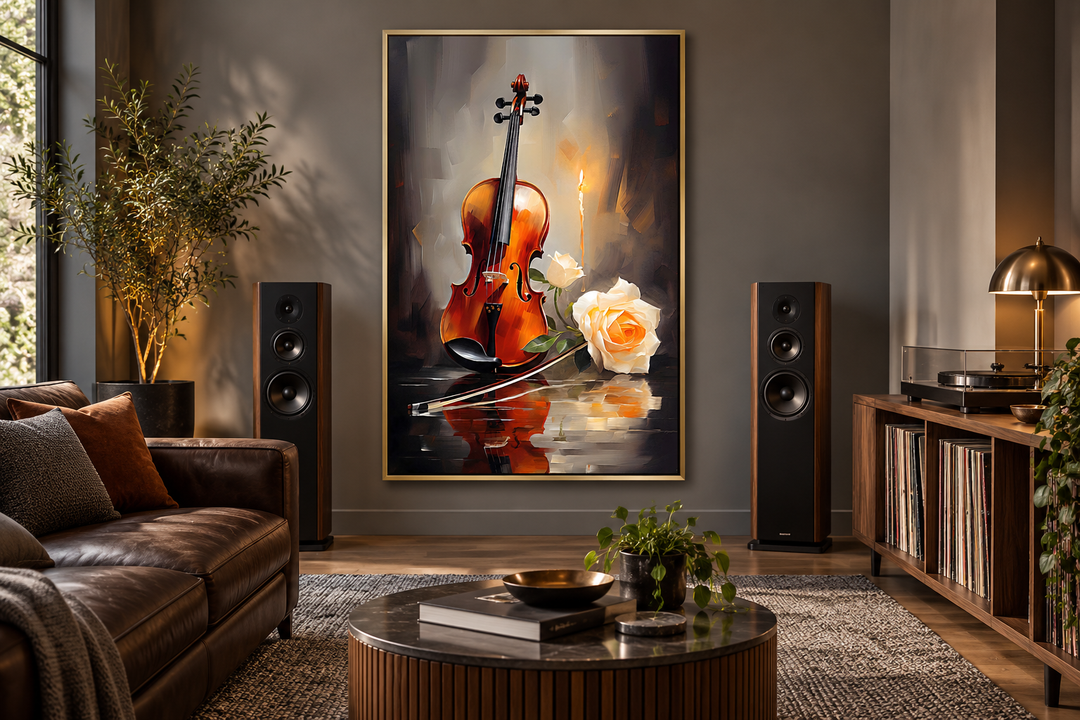 Toile encadrée représentant un violon aux chandelles