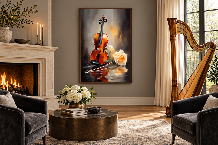 Toile encadrée représentant un violon aux chandelles