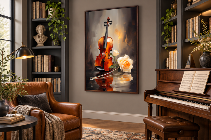Toile encadrée représentant un violon aux chandelles