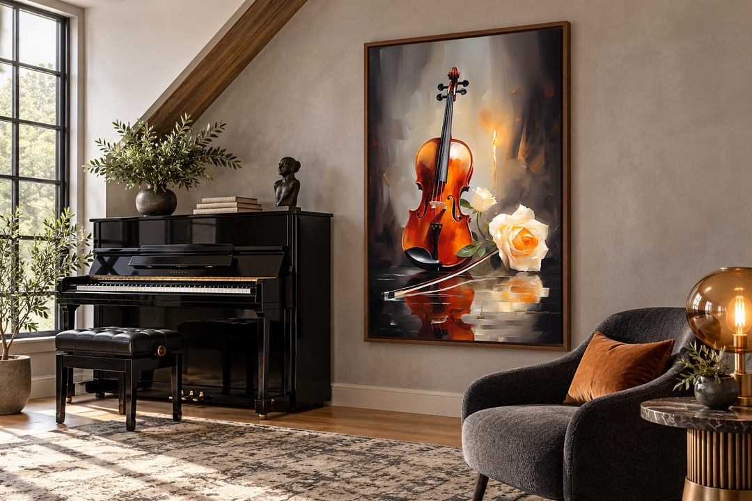 Toile encadrée représentant un violon aux chandelles