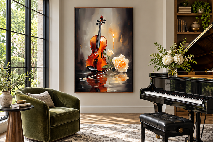 Toile encadrée représentant un violon aux chandelles