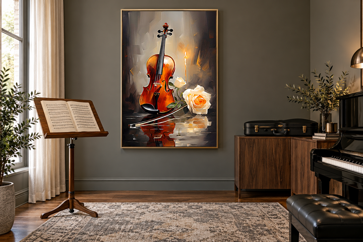 Toile encadrée représentant un violon aux chandelles