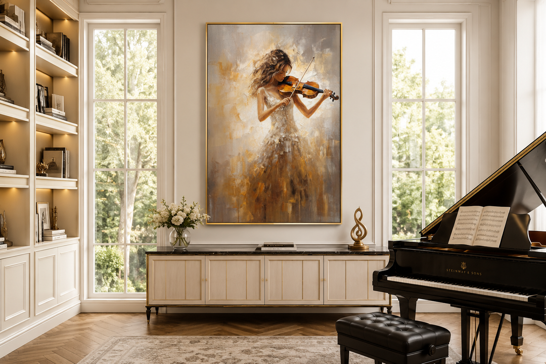 Framed canvas wall art of a woman in a gold dress playing the violin, hung in a music room.