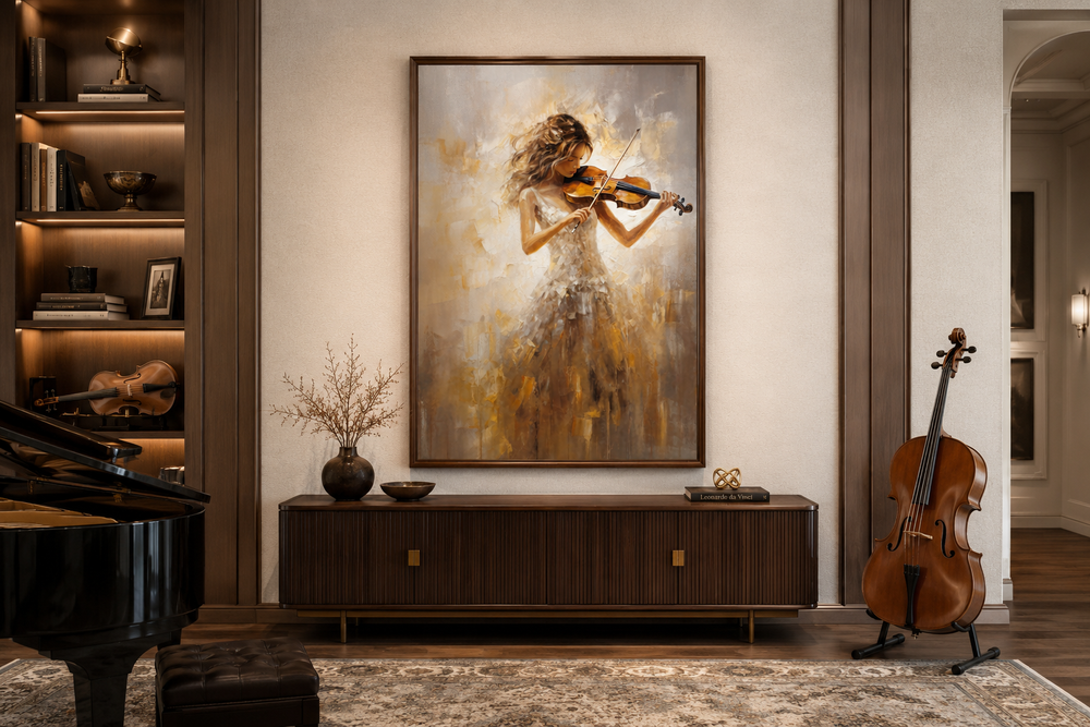 Framed canvas wall art of a woman in a gold dress playing a violin in a music room setting.