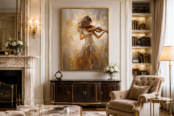 Framed canvas wall art of a woman in a gold dress playing the violin in a classic living room.