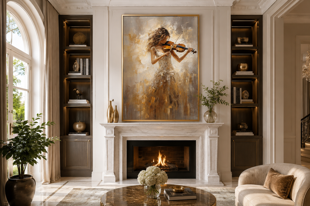 Framed canvas wall art of a woman in a gold dress playing the violin, hanging above a fireplace.
