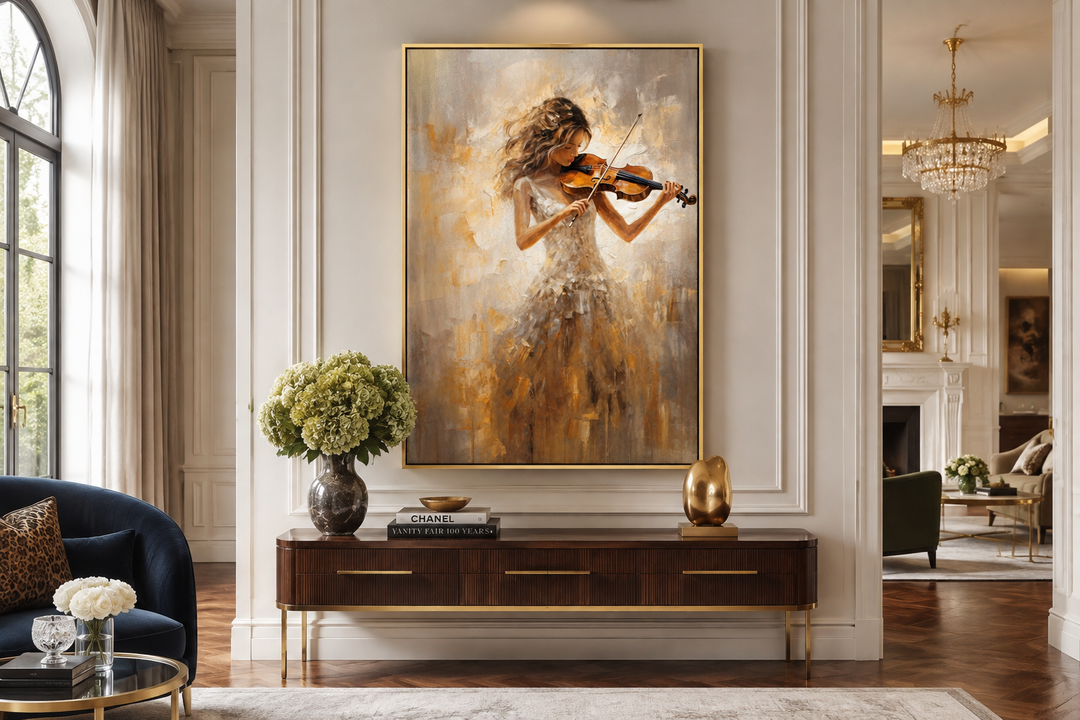 Framed canvas wall art of a violinist in a gold dress above a dark wood console table.