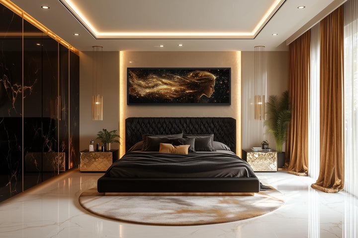 Black and gold celestial canvas art inspired by the Virgo zodiac sign.