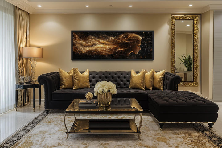 Virgo zodiac wall art with black and gold celestial design.